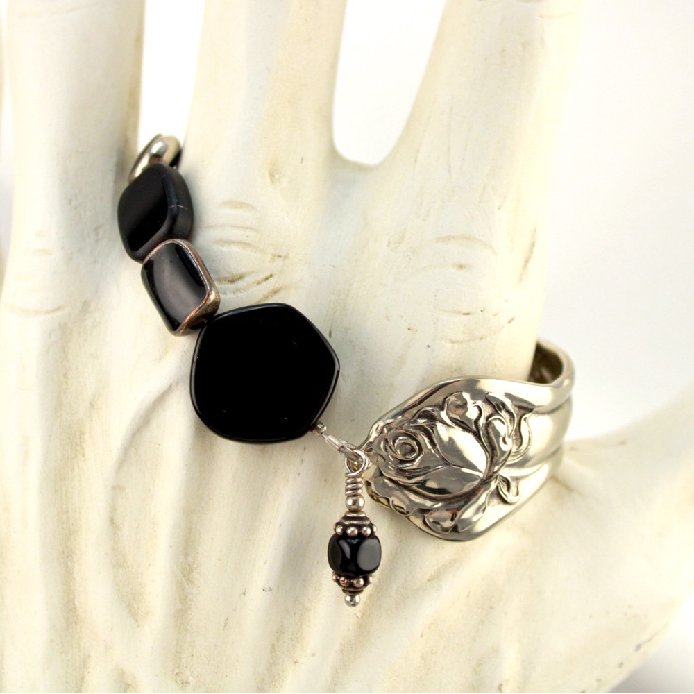 Silver and black beaded spoon bracelet